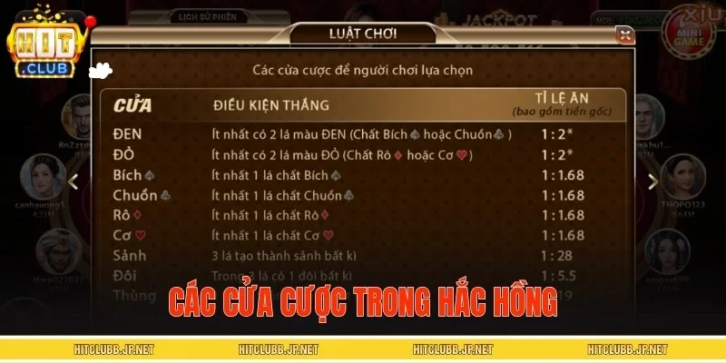 Bảng tỷ lệ thưởng các cửa cược Hắc Hồng trực tuyến
